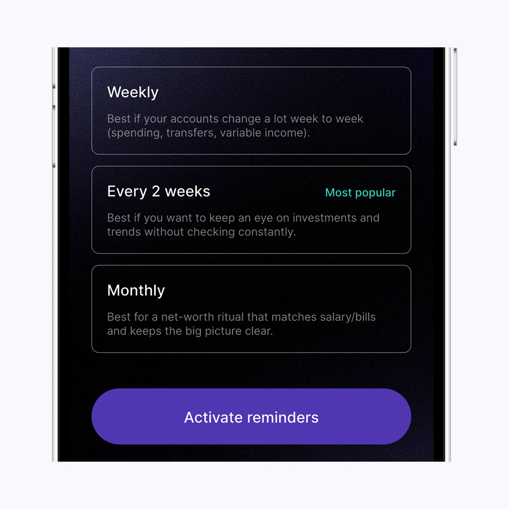Beam net worth tracker reminder settings showing weekly, biweekly, and monthly check-in reminders.