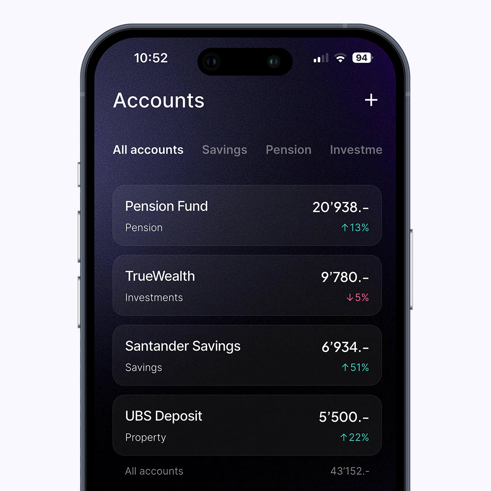 Beam net worth tracker accounts list showing multiple accounts and assets in one place.