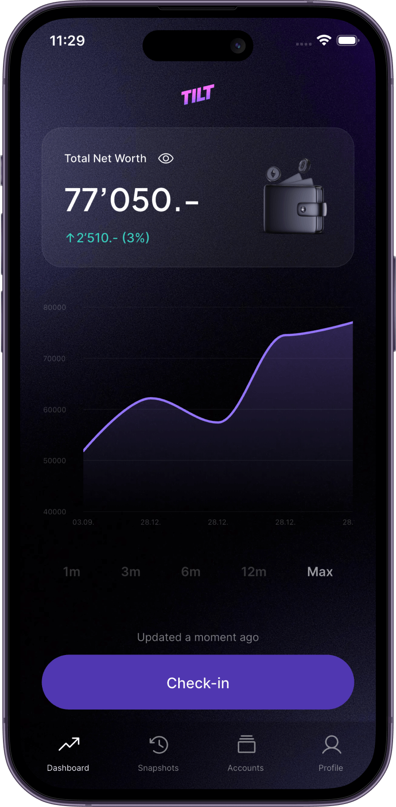 Phone mockup of the Beam net worth tracker showing total net worth and a net worth trend chart over time